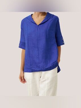 LINTICO Women’s 100% Linen V-Neck Short Sleeve Shirt SIERRA Royal Blue XL